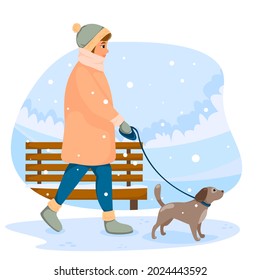 Girl walking with dog on leash in winter park. Vector illustration.