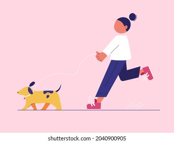 Niña caminando con perro corredizo. Ilustración plana simple con elementos geométricos.