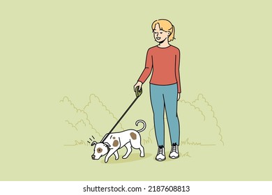 Girl walking dog on leash outdoors. Happy child with pet enjoying walk in park. Domestic animal and friendship. Vector illustration. 