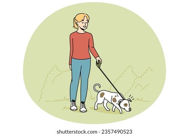 Girl walking dog on leash outdoors. Happy child with pet enjoying walk in park. Domestic animal and friendship. Vector illustration.