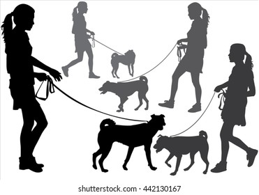 Girl walking with a dog on a leash. Silhouette on a white background.