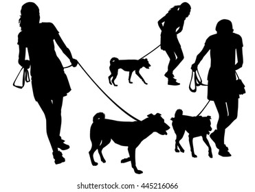 Girl walking with a dog on a leash. Silhouette on a white background.