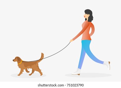 Girl walking the dog on leash. Woman with golden retriever. Female character with pet. Vector illustration