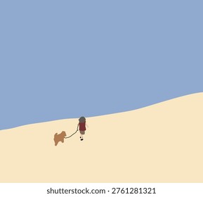 Girl walking with dog on mountain. Enjoy and happiness in nature showcasing outdoor adventure.