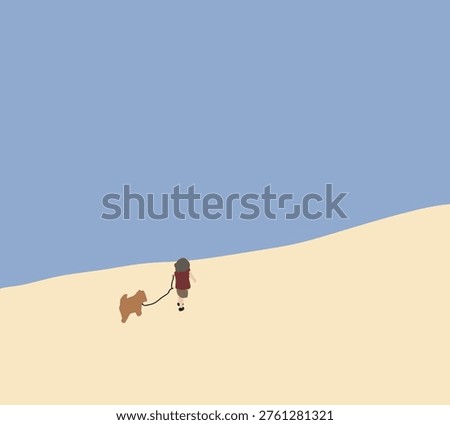 Girl walking with dog on mountain. Enjoy and happiness in nature showcasing outdoor adventure.