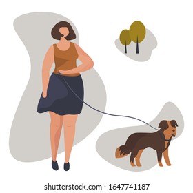 Girl walking with dog. Outdoors at Summertime. Female Character Spending Time with her Pet in Park. Animal Friend. Flat Vector Illustration