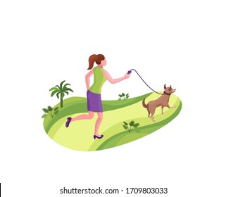 Girl walking the dog at the park, 3d isometric vector illustration with a person and a pet outdoors, woman with domestic animal on a leash
