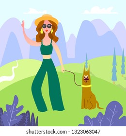 Girl walking with dog in park, cartoon vector illustration