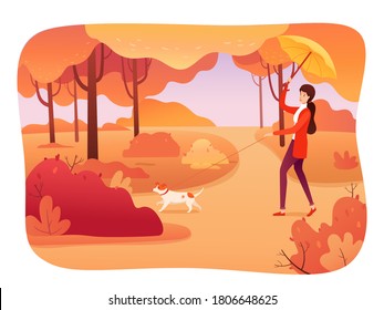 Girl walking dog in park flat vector illustration. Cheerful young woman with umbrella and puppy on leash cartoon character. Happy lady on outdoor stroll in autumn forest. Pet owner in city park