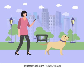 Girl walking with dog in park vector illustration. Lady in pink jacket with smartphone, cute dog, trees and grass.