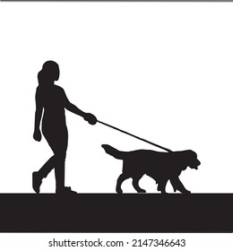 Girl walking with a dog. Silhouette on a white background. Vector