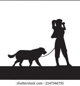 Girl walking with a dog. Silhouette on a white background. Vector