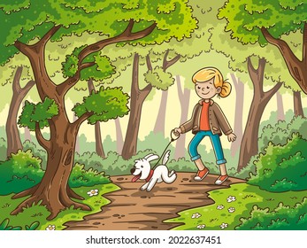 Girl walking with dog through the forest. Vector illustration in modern cartoon style.