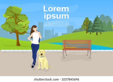 Girl Walking With Dog In Urban Park Over River Or Lake On City Buildings Template Background Flat Vector Illustration