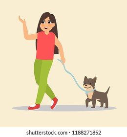 girl is walking with a dog. Vector illustration in a flat style