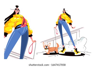 Girl walking dog vector illustration. Young stylish woman in casual clothes standing with puppy dog on leash outdoors flat style design isolated on white