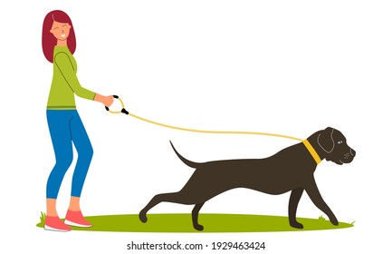 Girl walking with a dog. Vector illustration.