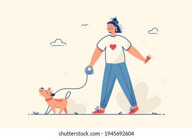 Girl walking with dog vector illustration. Young woman outside on street with domestic pet flat style. Weekend and outdoors activity concept. Isolated on yellow background