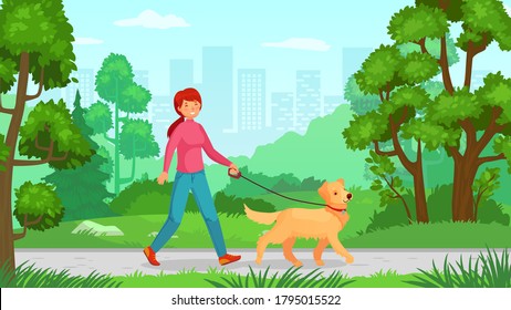 Girl walking with dog. Walk canine, young lady friendship with pet, person outdoor walking. Vector illustration