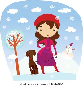 Girl walking with dog in winter