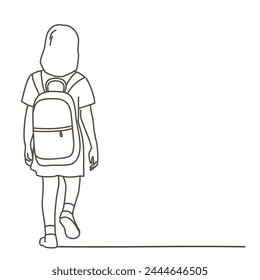 A girl is walking down the street with a backpack on her back. She is wearing a dress and she is in a hurry. Hand drawn vector illustration. Black and white.