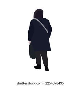 The girl is walking down the street in winter clothes. Vector flat city infographics.