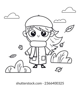 girl walking in fall cartoon vector   coloring page