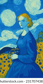 Mädchen, die in einem Feld mit einem Blumenstrauß in ihren Händen spazieren gehen.Vektorgrafik inspiriert von dem Gemälde von Vincent Van Gogh - Moonlit Night.Glühender Mond und Sternenhimmel abstrakter Hintergrund.