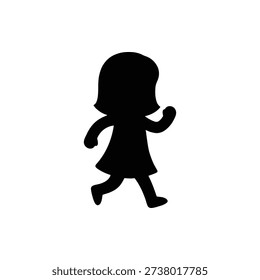 Girl Walking Forward Silhouette Vector. Cartoon Kid Walking Black Silhouette. Happy Child Strolling Clip Art Illustration.