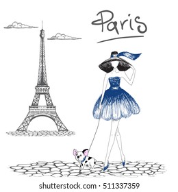 Girl walking with french bulldog in the Paris.Fashion style