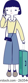 A girl is walking with her baggage and talking to someone on the phone. 