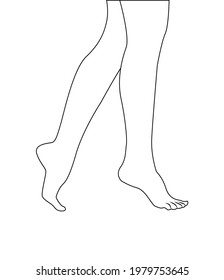 Girl Walking With Her Bare Legs Side View Silhouette Outline Drawing Vector Illustration. Woman Standing On Tiptoes Linear Sketching. Elegant Sexy Crossed Long Shapely Female Legs Or Feet Line Icon 