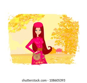 Girl walking with her dog in autumn landscape.
