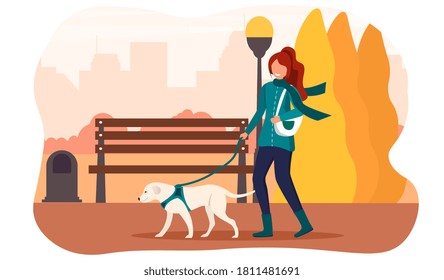 Girl walking her dog in an autumn Park, against the backdrop of an urban landscape. Flat vector illustration