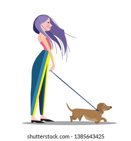 Girl walking with her dog, cartoon vector illustration