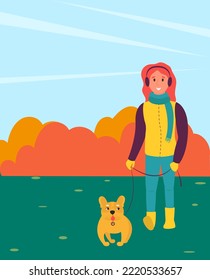 girl walking her dog in nature.autumnal background 