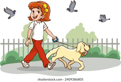 A girl walking her dog on white background illustration