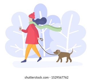 Girl walking her dog in the park. Winter walk. Snowy forest. Vector illustration. 