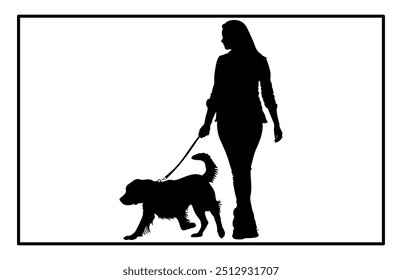Garota andando sua silhueta de cachorro, Garota com um animal de estimação, personagem feminina e um cachorro
