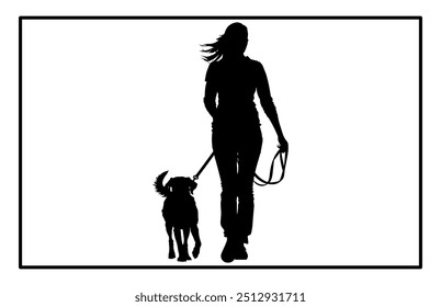 Girl Walking Her Dog Silhouette, Girl with a pet, Female character and a dog