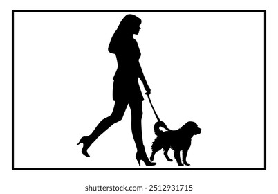 Garota andando sua silhueta de cachorro, Garota com um animal de estimação, personagem feminina e um cachorro