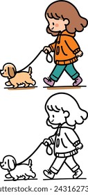 girl walking with her little puppy on a leash