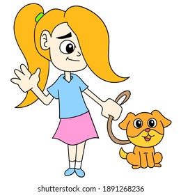 a girl is walking with her pet dog, character cute doodle draw. vector illustration