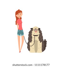 Girl walking her shaggy dog vector Illustration on a white background