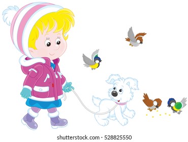 Girl walking with her small dog