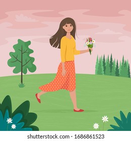 Girl walking and holding flowers, with spring landscape. Vector illustration in flat style
