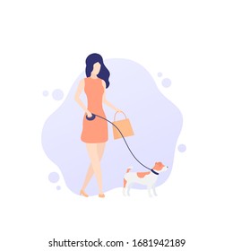 girl walking with jack russell, vector