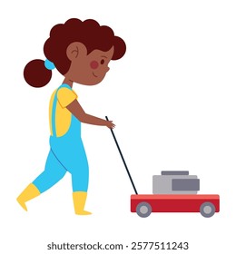 A girl walking with lawn equipment in cartoon style