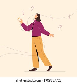 Niña caminando y escuchando música a través de un smartphone en tapones para los oídos. Ilustración vectorial. 