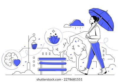 Girl walking - modern colorful line design style illustration on white background. High quality composition with a happy woman in the park with an umbrella, meditative promenade in the city